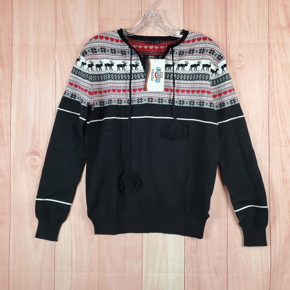 Hot Chillys Womens‎ Sweater Sz XS Winter Love Knit Drawstring V-Neck Pullover